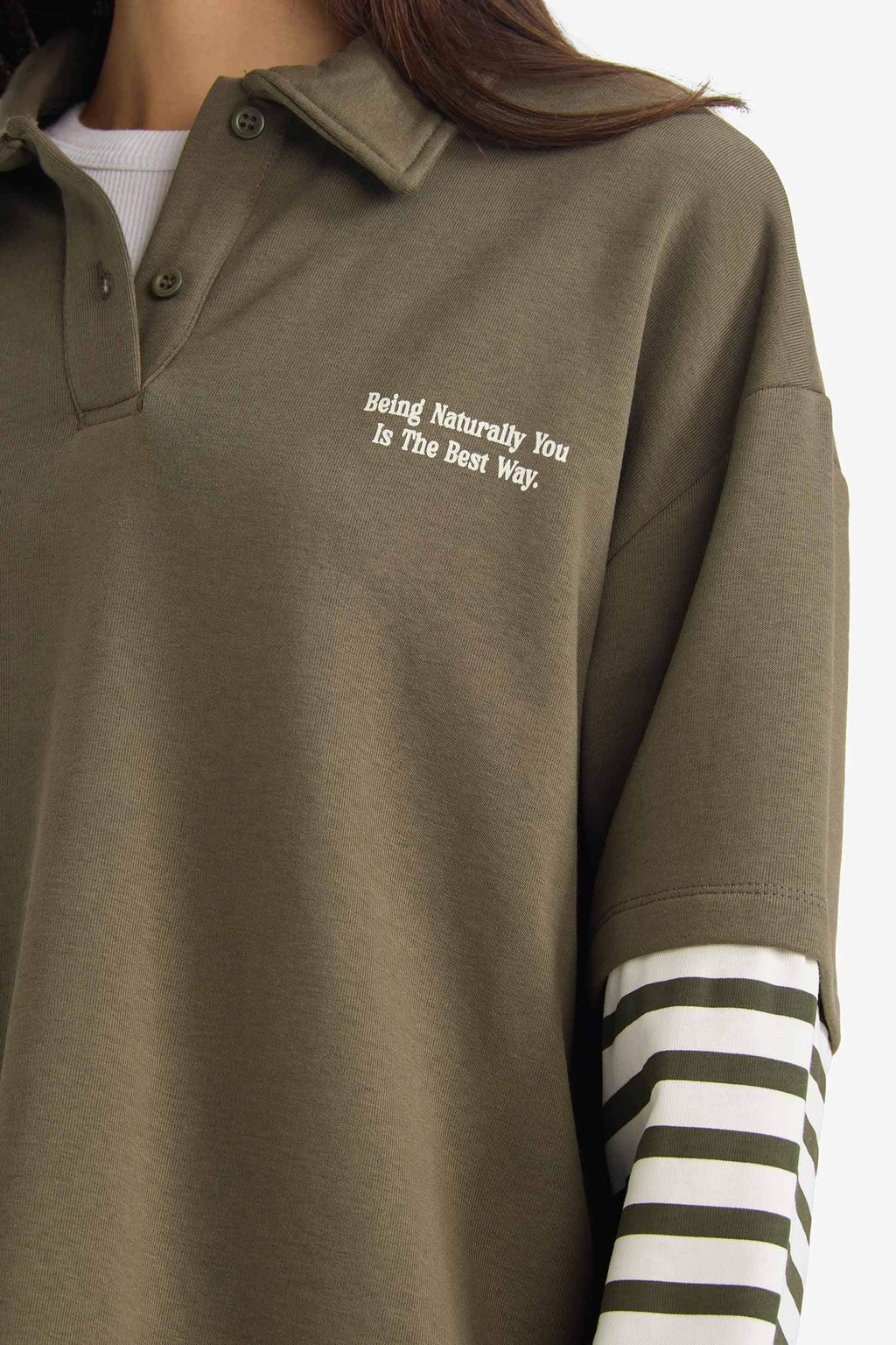 Loose Fit Polo Collar Printed Long Sleeve T-Shirt