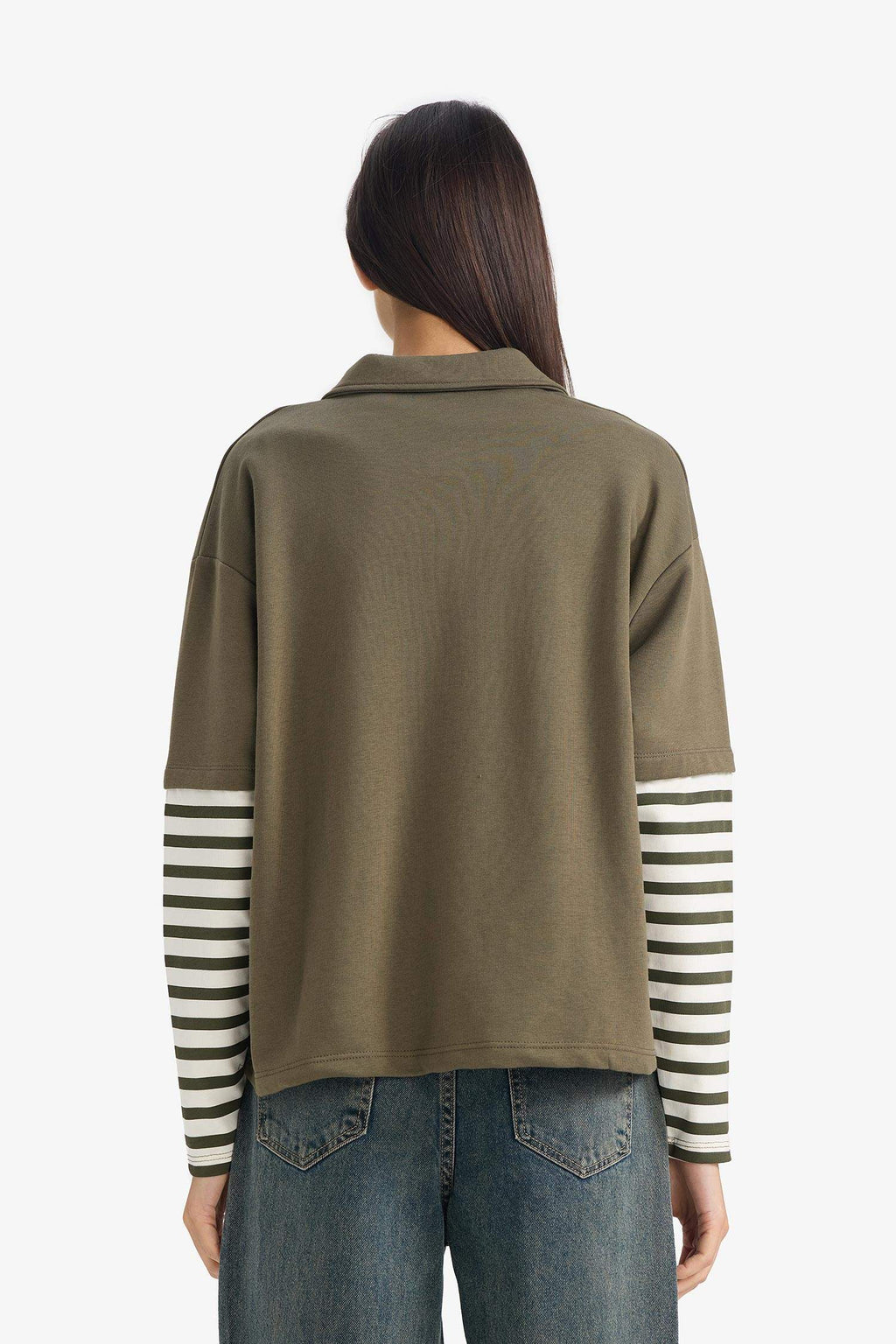 Loose Fit Polo Collar Printed Long Sleeve T-Shirt