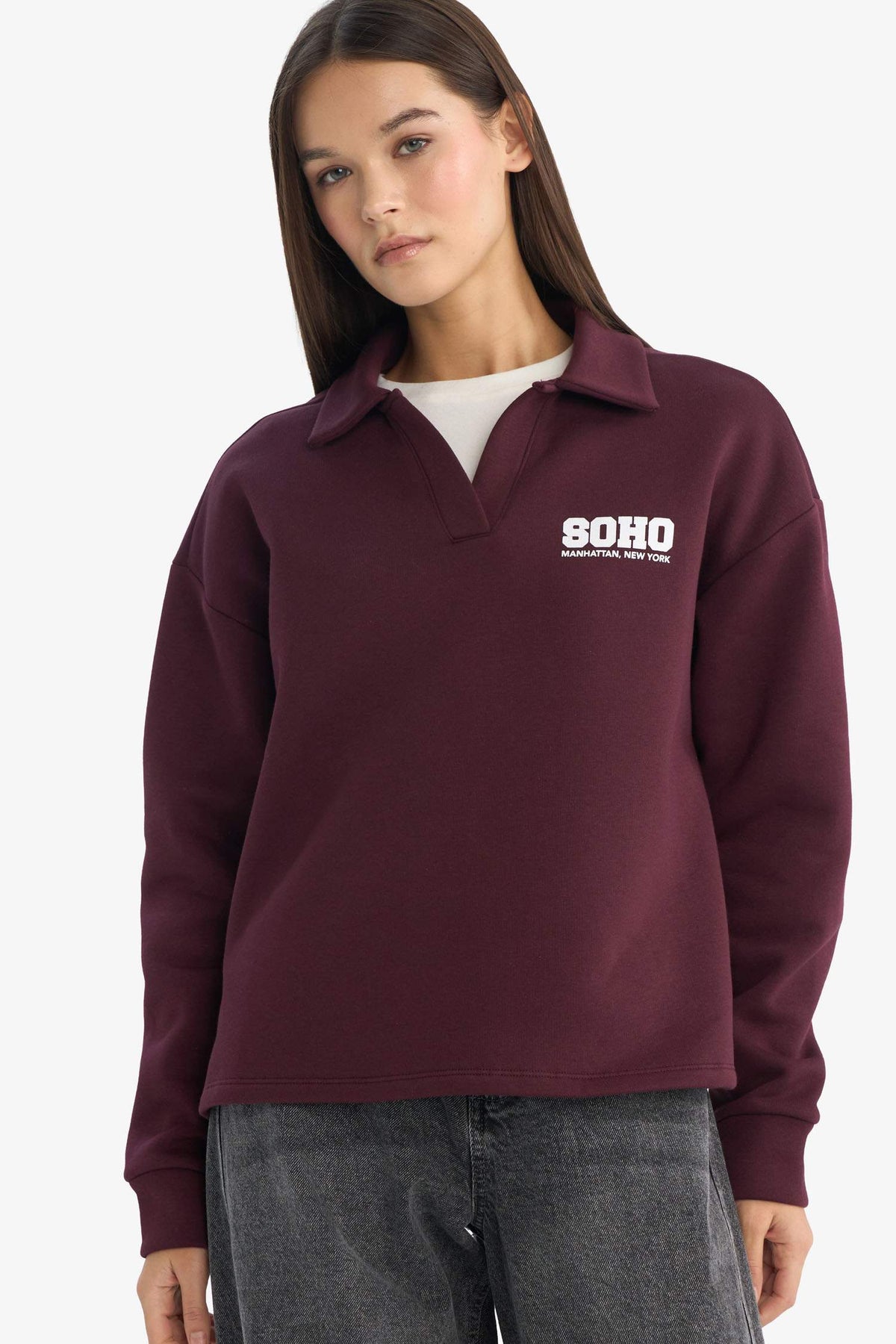 Oversize Loose Fit Polo Collar Printed Sweatshirt