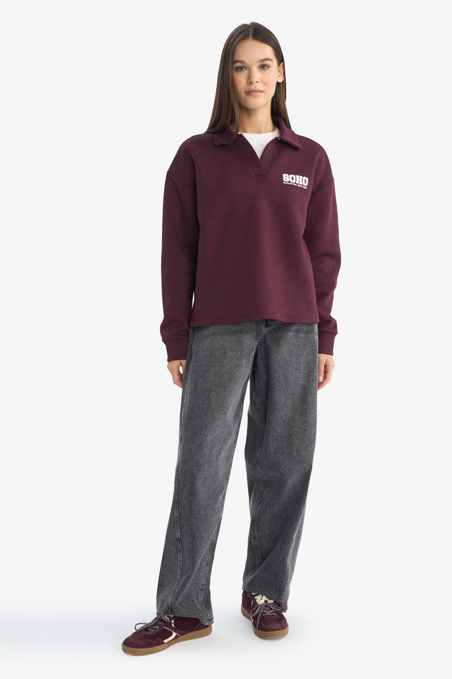 Oversize Loose Fit Polo Collar Printed Sweatshirt Main Image