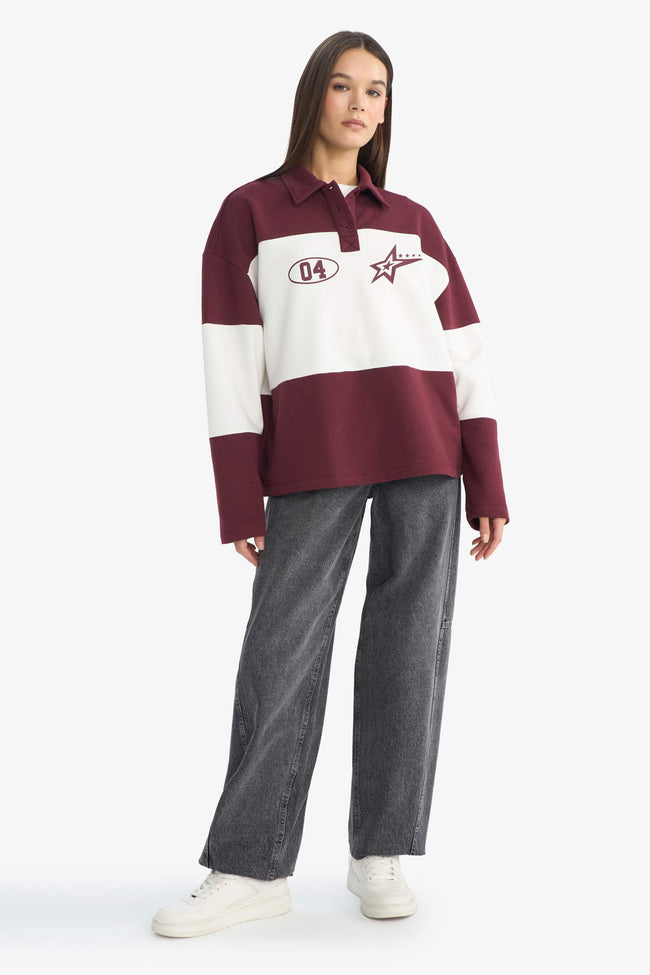 Regular Fit Polo Collar Sweatshirt with Back Print Main Image