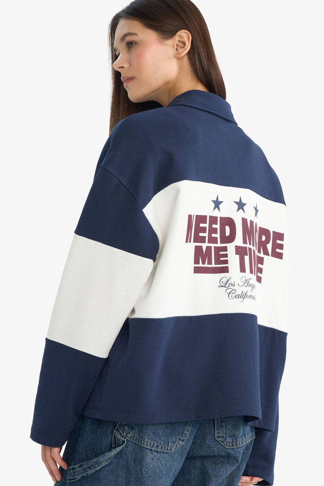 Regular Fit Polo Collar Sweatshirt with Back Print Hover Image