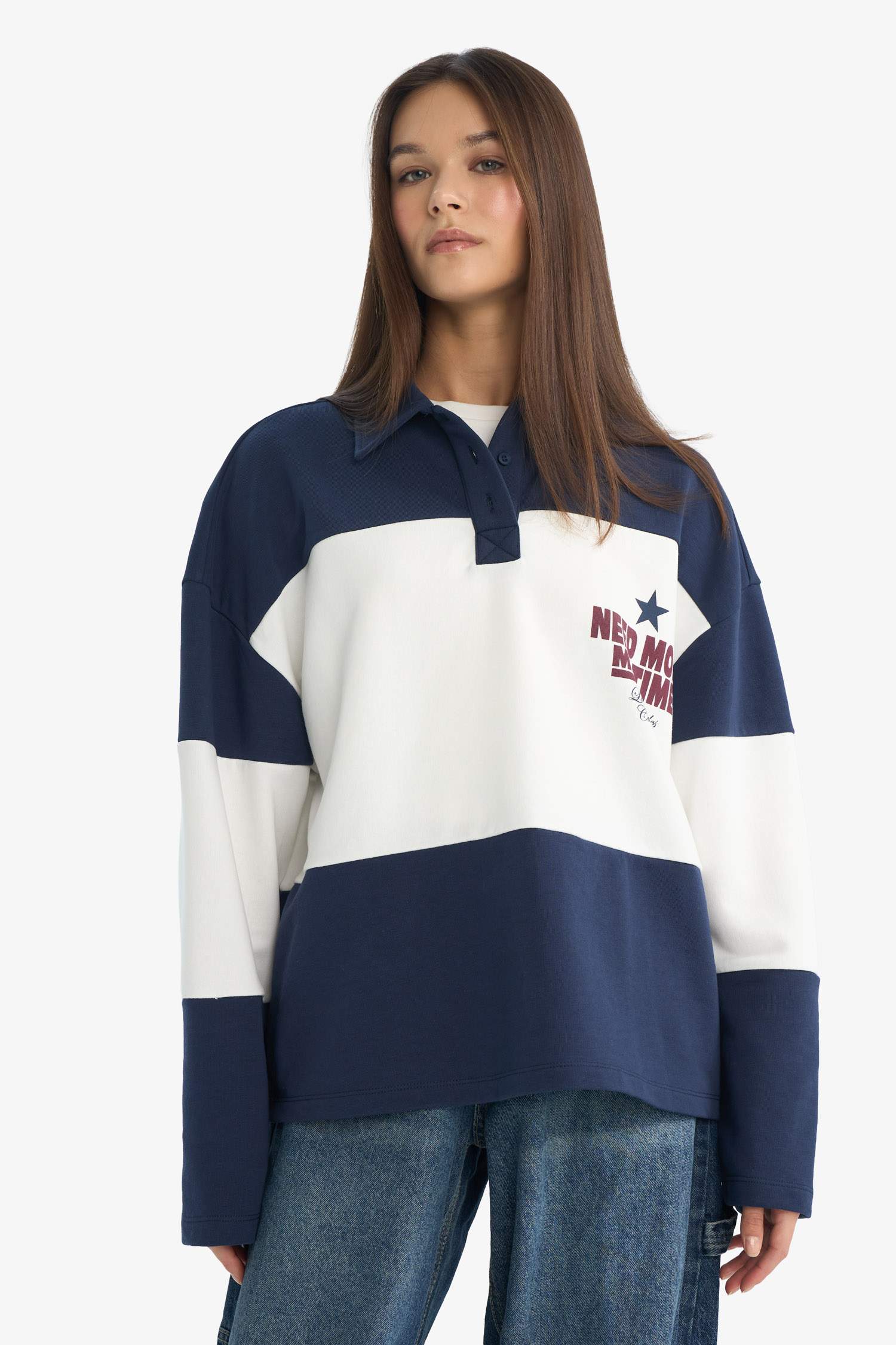 Regular Fit Polo Collar Sweatshirt with Back Print