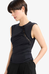Slim Fit Narrow Cut Crew Neck Sleeveless Blouse with Lace Detail