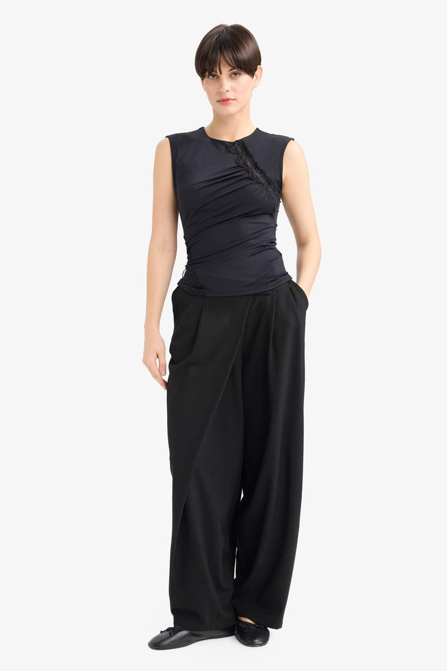 Slim Fit Narrow Cut Crew Neck Sleeveless Blouse with Lace Detail Main Image