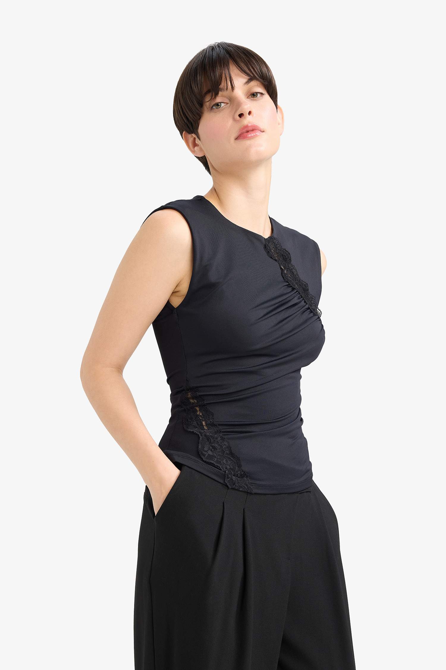 Slim Fit Narrow Cut Crew Neck Sleeveless Blouse with Lace Detail
