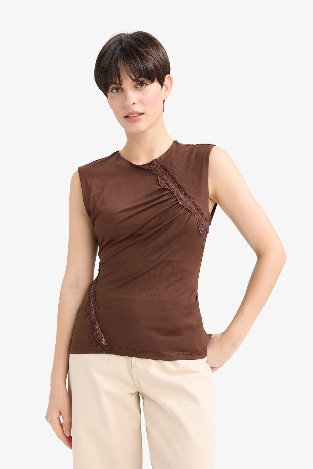 Slim Fit Narrow Cut Crew Neck Sleeveless Blouse with Lace Detail