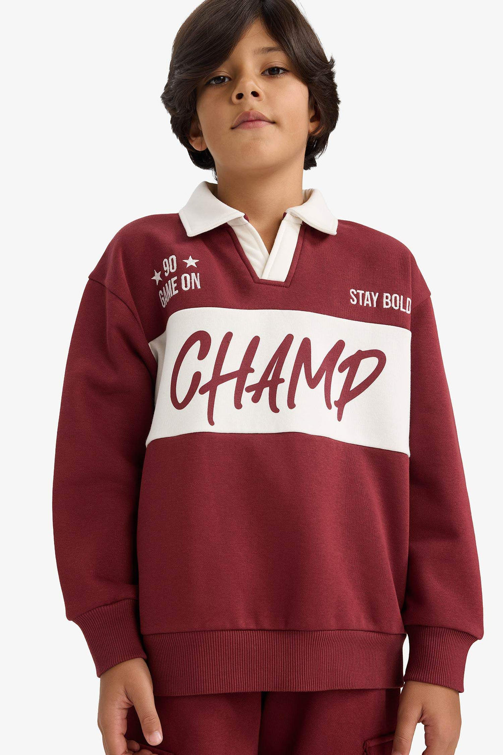 Boys Oversize, Loose Fit, Polo Collar, Printed Sweatshirt with Soft, Fleece Lining
