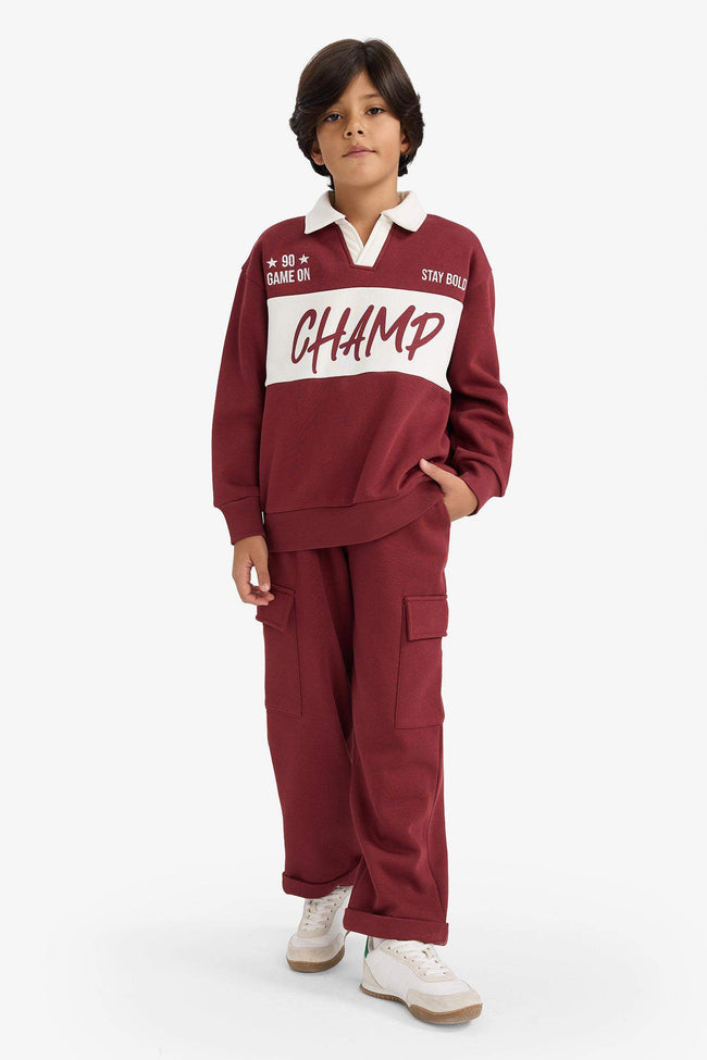 Boys Oversize, Loose Fit, Polo Collar, Printed Sweatshirt with Soft, Fleece Lining Main Image