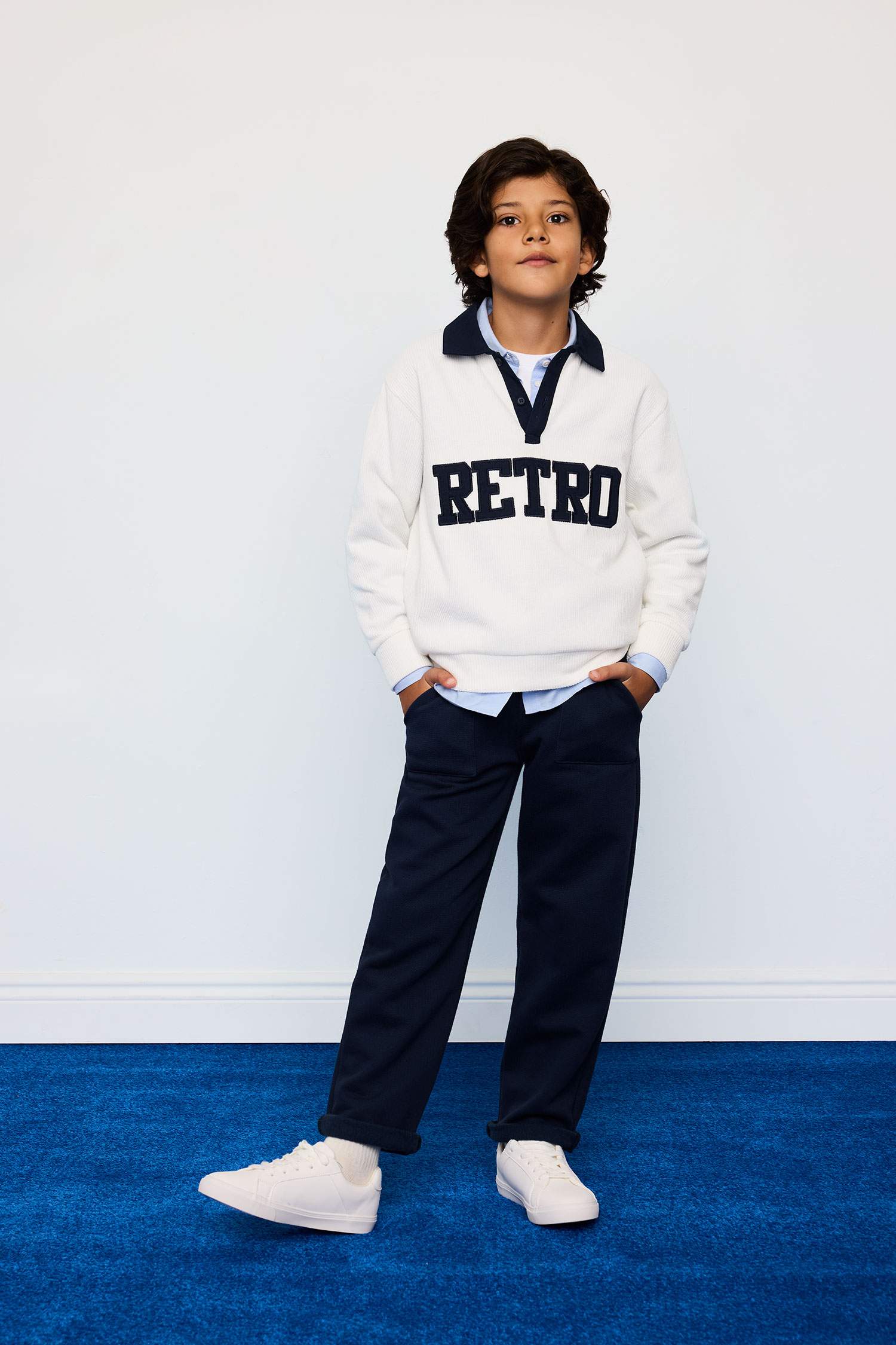 Boys Oversize Loose Fit Polo Collar Printed Fabric Sweatshirt