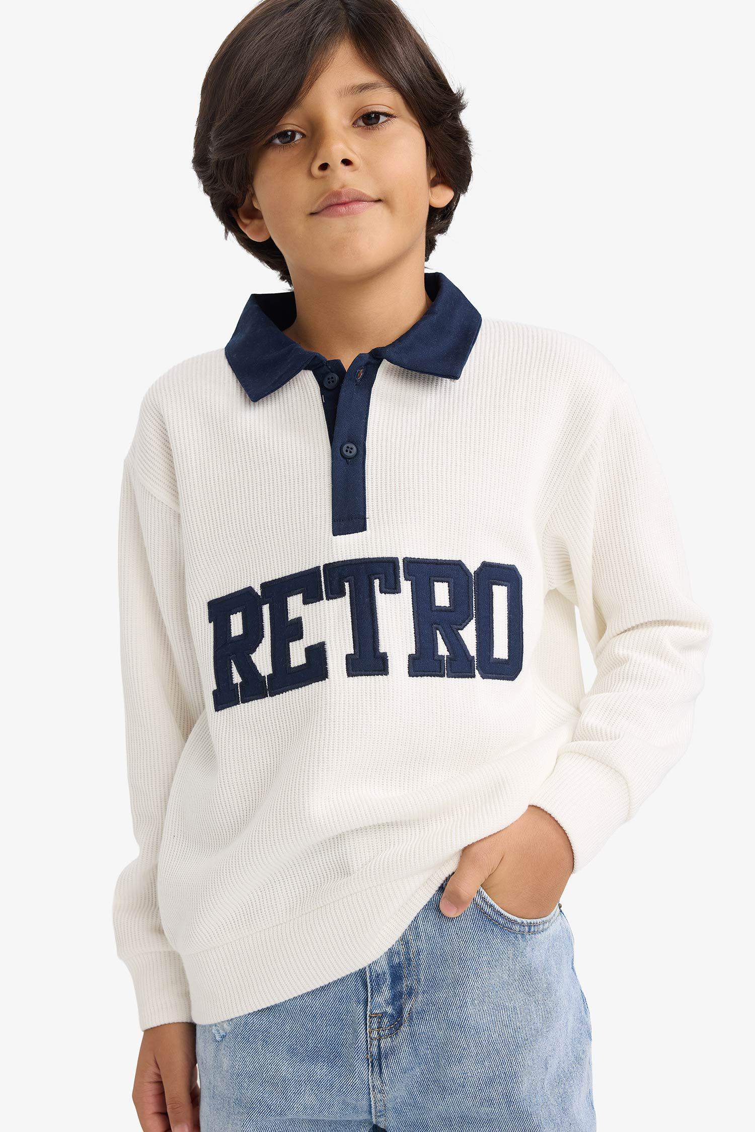 Boys Oversize Loose Fit Polo Collar Printed Fabric Sweatshirt