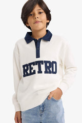 Boys Oversize Loose Fit Polo Collar Printed Fabric Sweatshirt