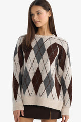 Oversize Loose Fit Crew Neck Diamond Pattern Knit Sweater