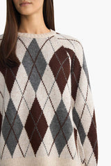 Oversize Loose Fit Crew Neck Diamond Pattern Knit Sweater