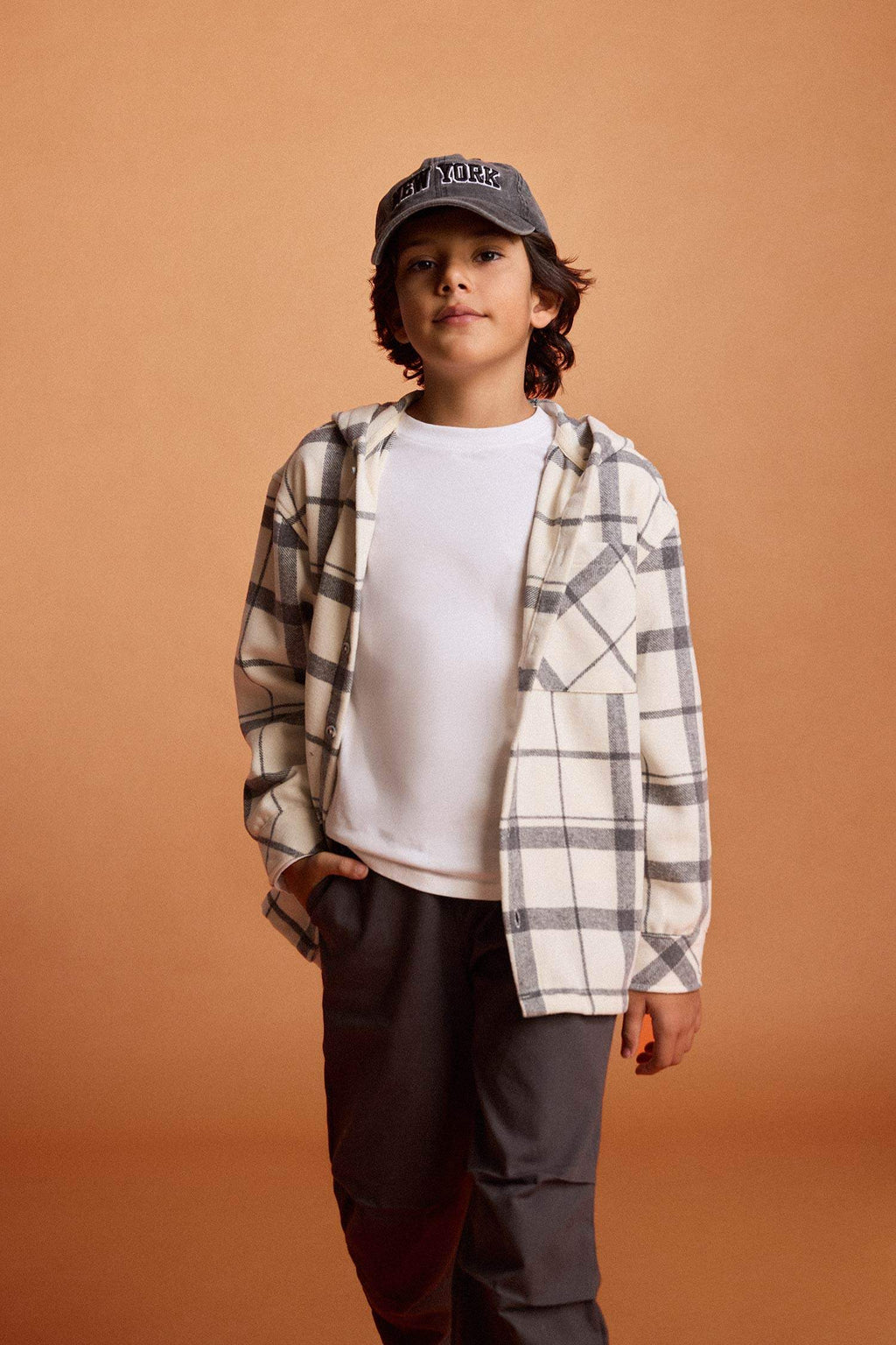 Boys Two-Piece Set: Hooded Plaid Shirt and Trousers