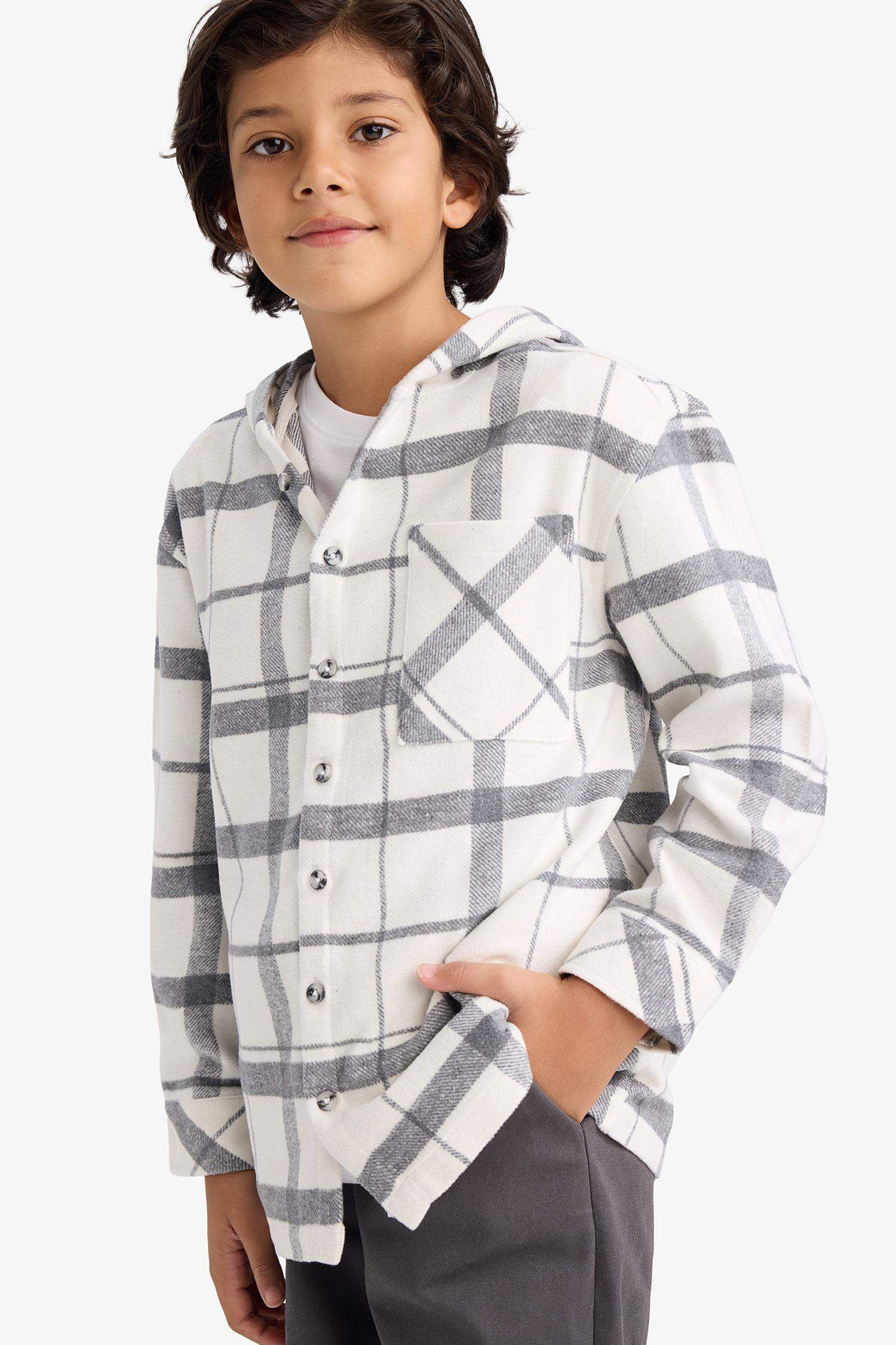 Boys Two-Piece Set: Hooded Plaid Shirt and Trousers