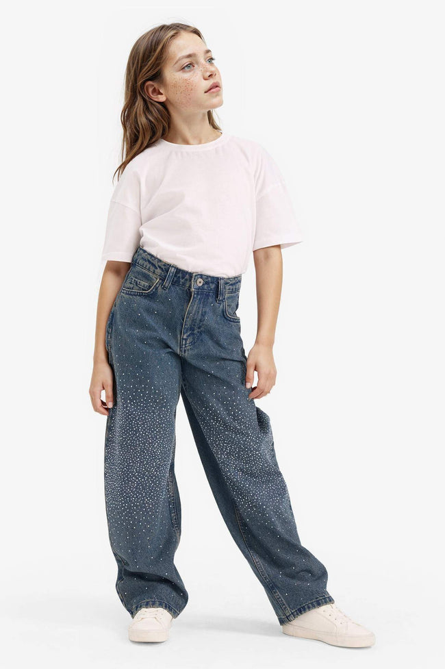 Girls Baggy Fit Wide Leg Rhinestone Jeans Hover Image