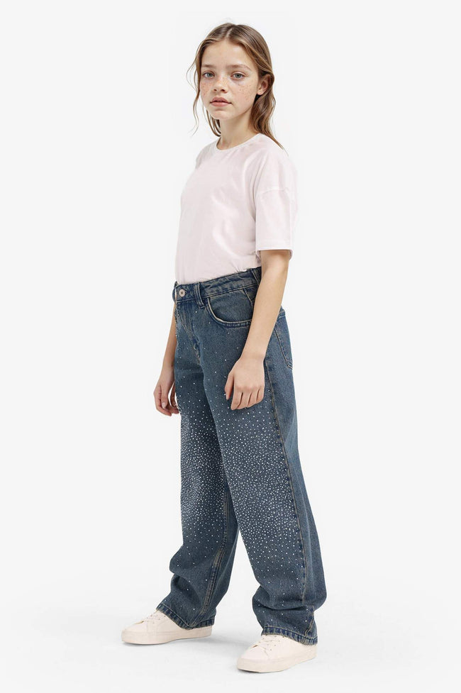 Girls Baggy Fit Wide Leg Rhinestone Jeans Main Image