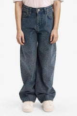 Girls Baggy Fit Wide Leg Rhinestone Jeans