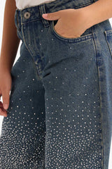 Girls Baggy Fit Wide Leg Rhinestone Jeans