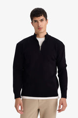 Standard Fit Zip-Up High Neck Knit Sweater