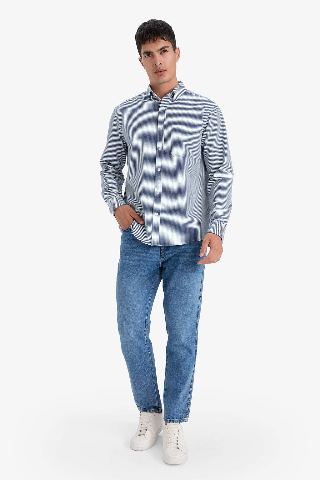 Regular Fit Polo Collar Striped Crinkle Long Sleeve Shirt