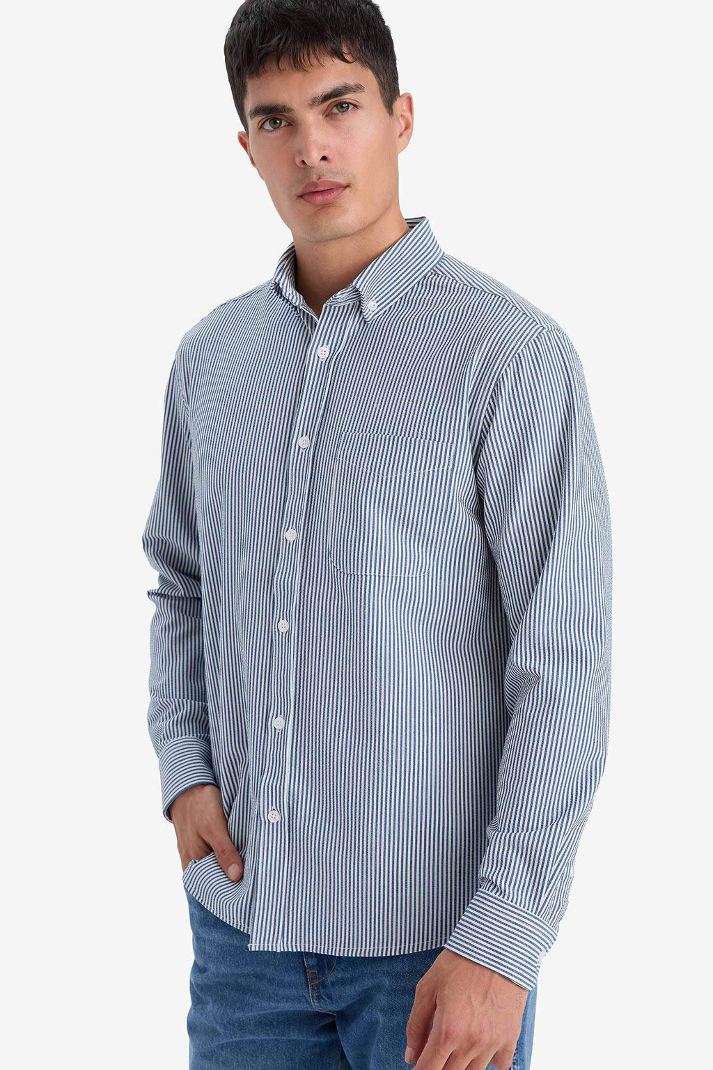 Regular Fit Polo Collar Striped Crinkle Long Sleeve Shirt