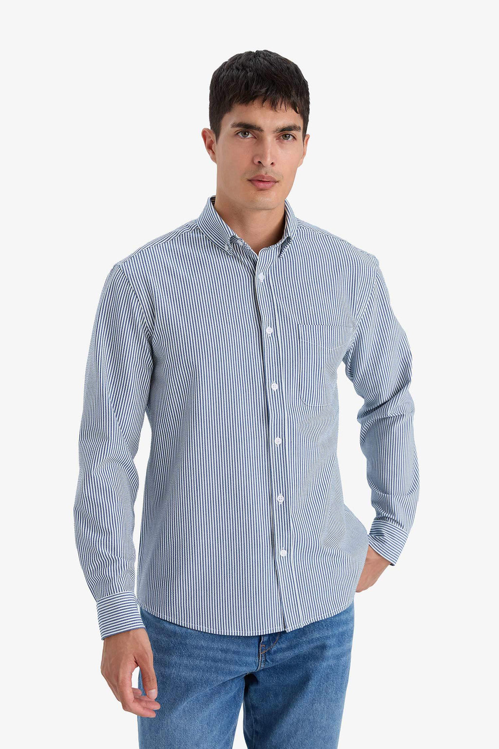 Regular Fit Polo Collar Striped Crinkle Long Sleeve Shirt