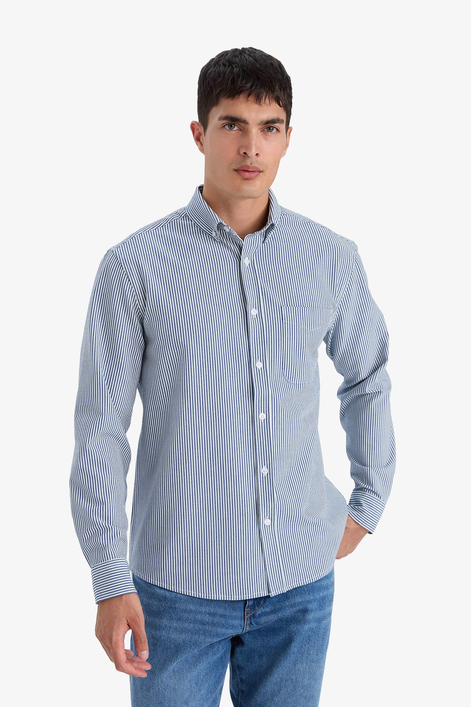 Regular Fit Polo Collar Striped Crinkle Long Sleeve Shirt