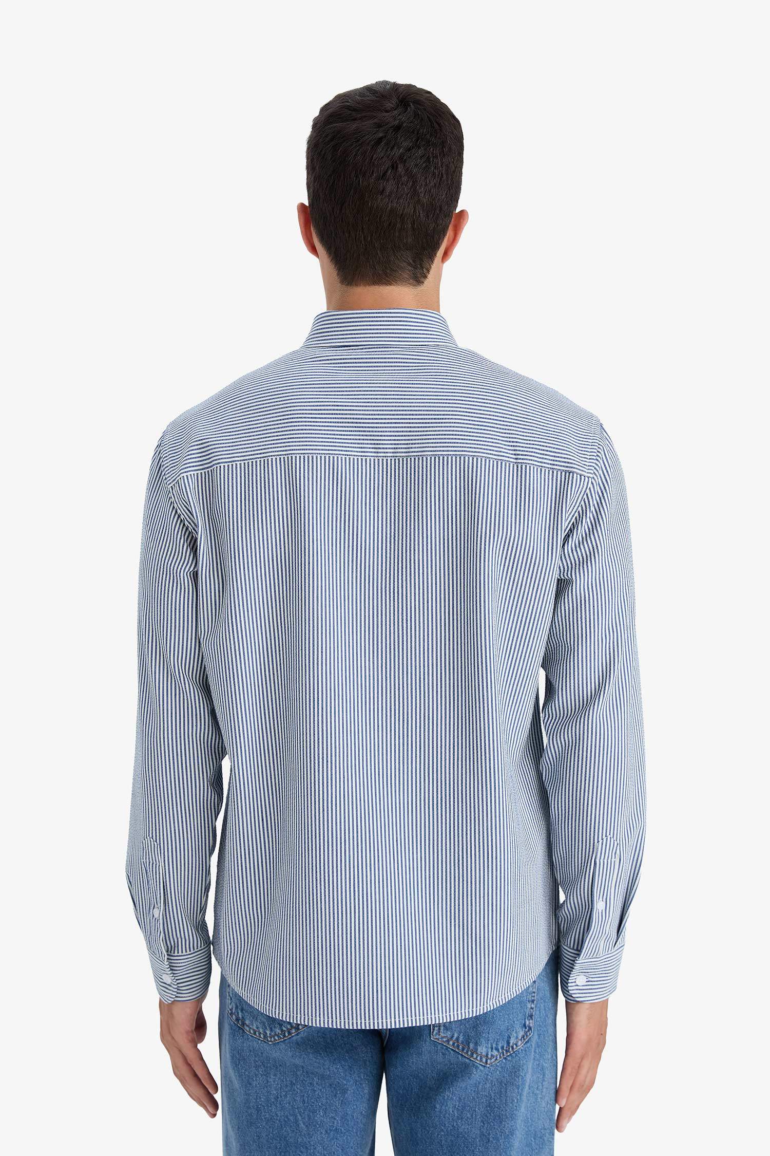 Regular Fit Polo Collar Striped Crinkle Long Sleeve Shirt