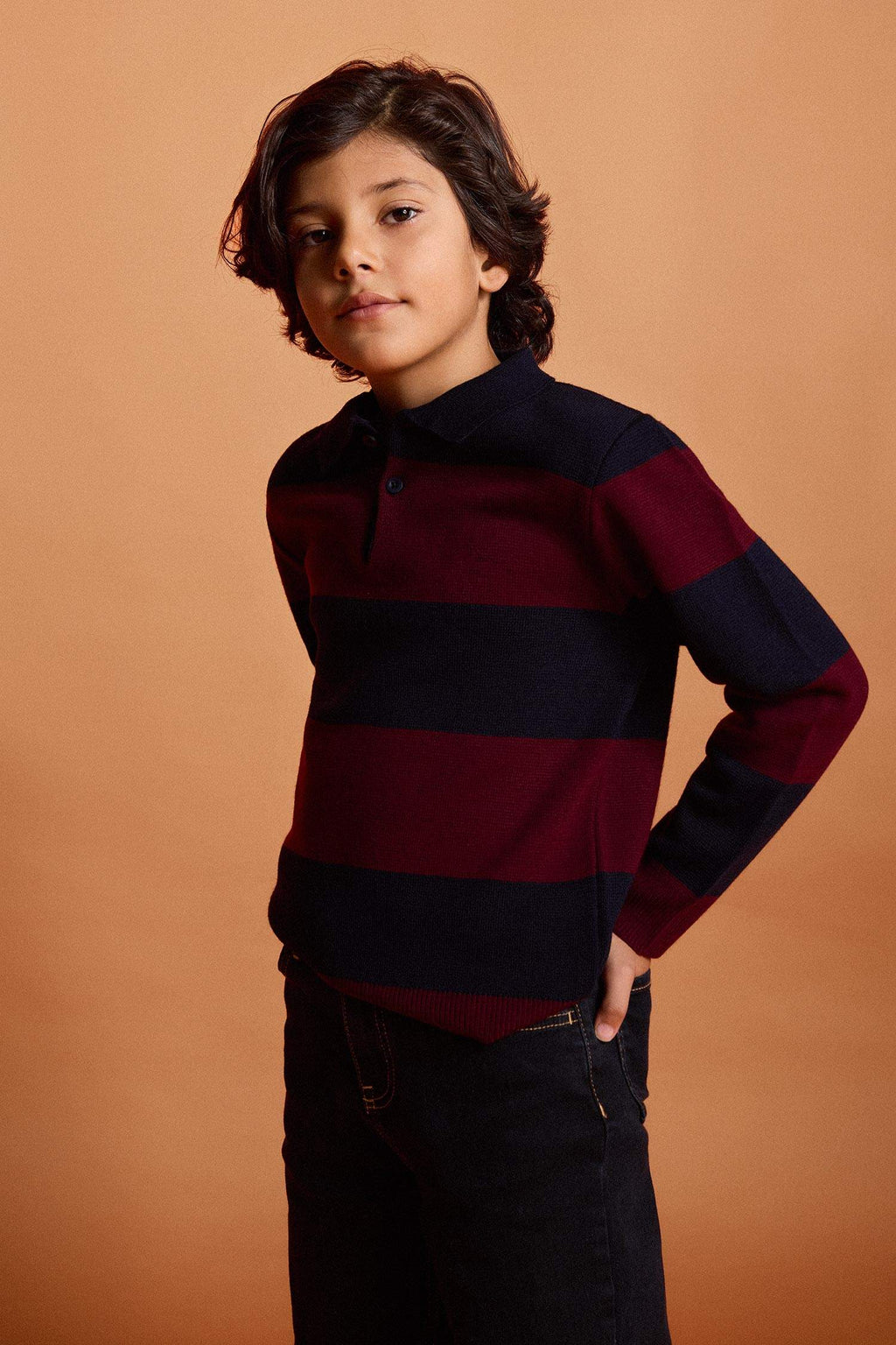 Boys Polo Collar Color Block Knit Sweater