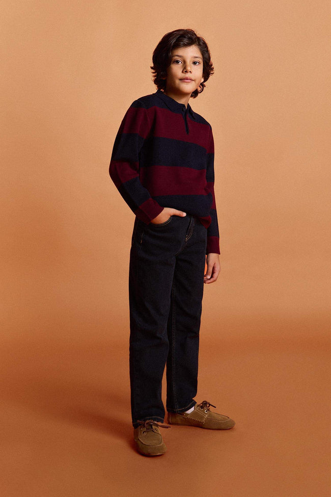 Boys Polo Collar Color Block Knit Sweater Main Image
