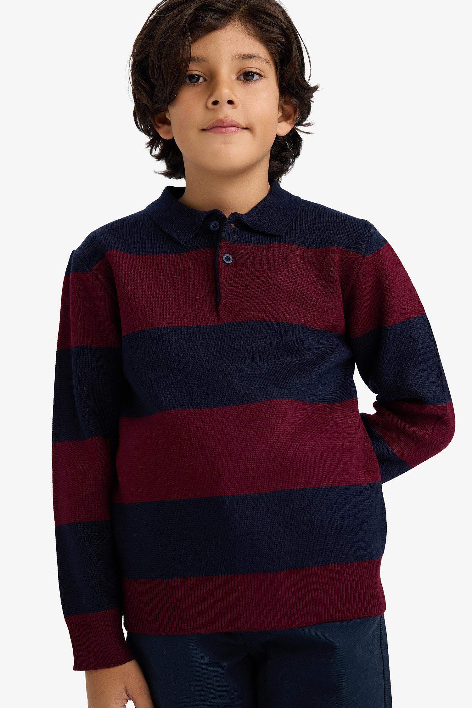 Boys Polo Collar Color Block Knit Sweater