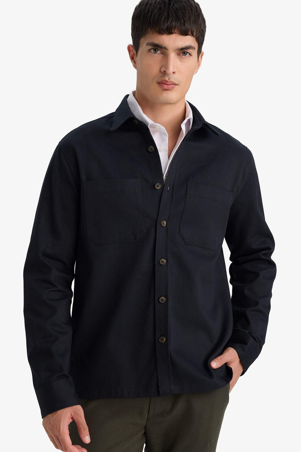 Regular Fit Polo Collar Gabardine Long-Sleeve Shirt