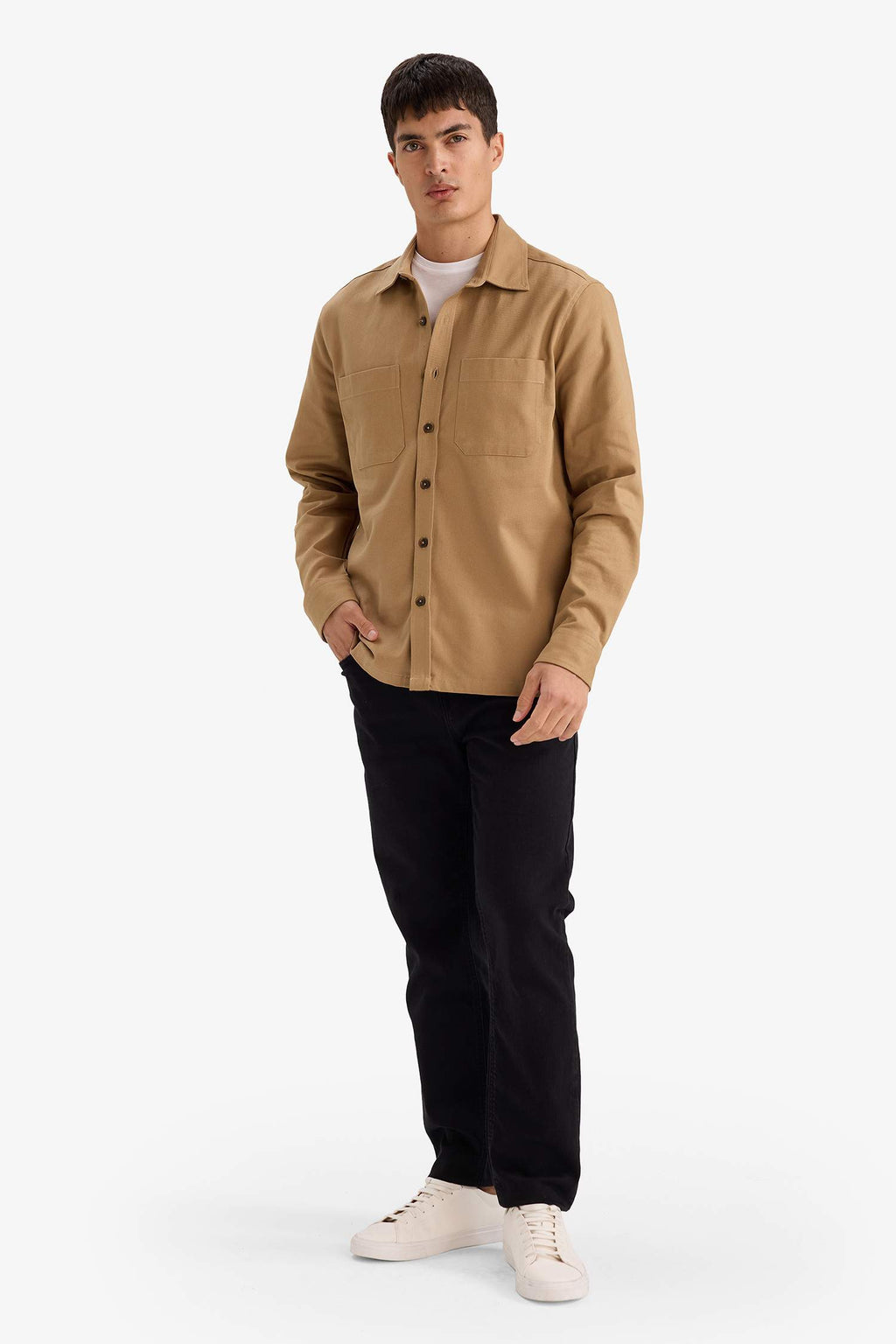 Regular Fit Polo Collar Gabardine Long-Sleeve Shirt