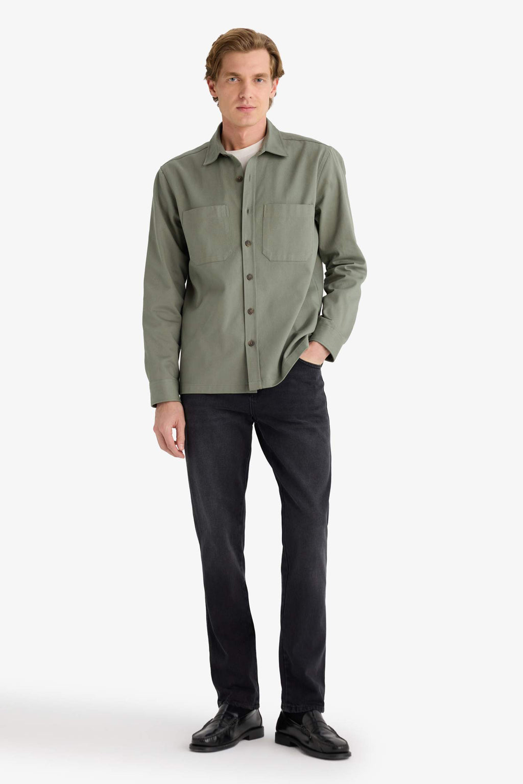 Regular Fit Polo Collar Gabardine Long-Sleeve Shirt