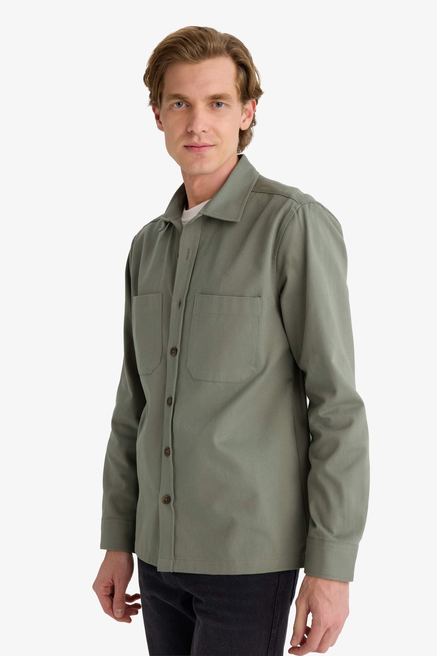 Regular Fit Polo Collar Gabardine Long-Sleeve Shirt