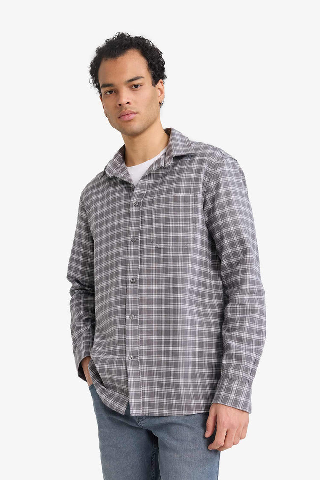 Regular Fit Polo Collar Flannel Long-Sleeve Shirt Hover Image