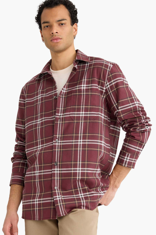 Regular Fit Polo Collar Flannel Long-Sleeve Shirt Hover Image