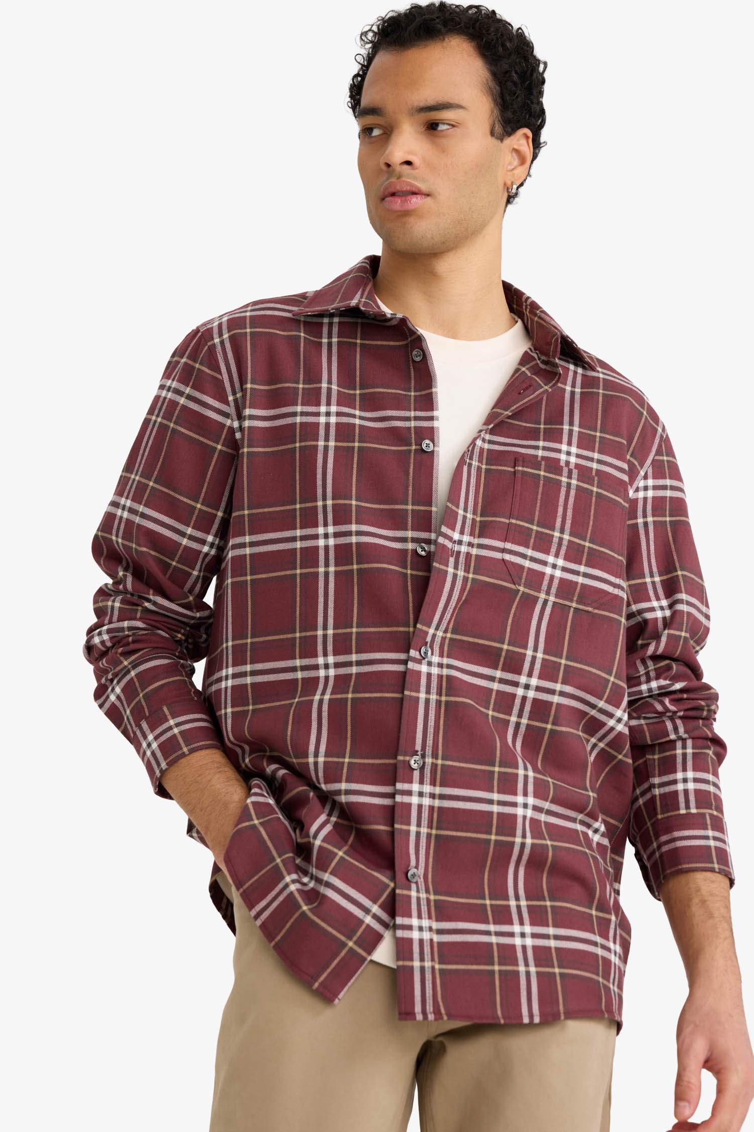 Regular Fit Polo Collar Flannel Long-Sleeve Shirt