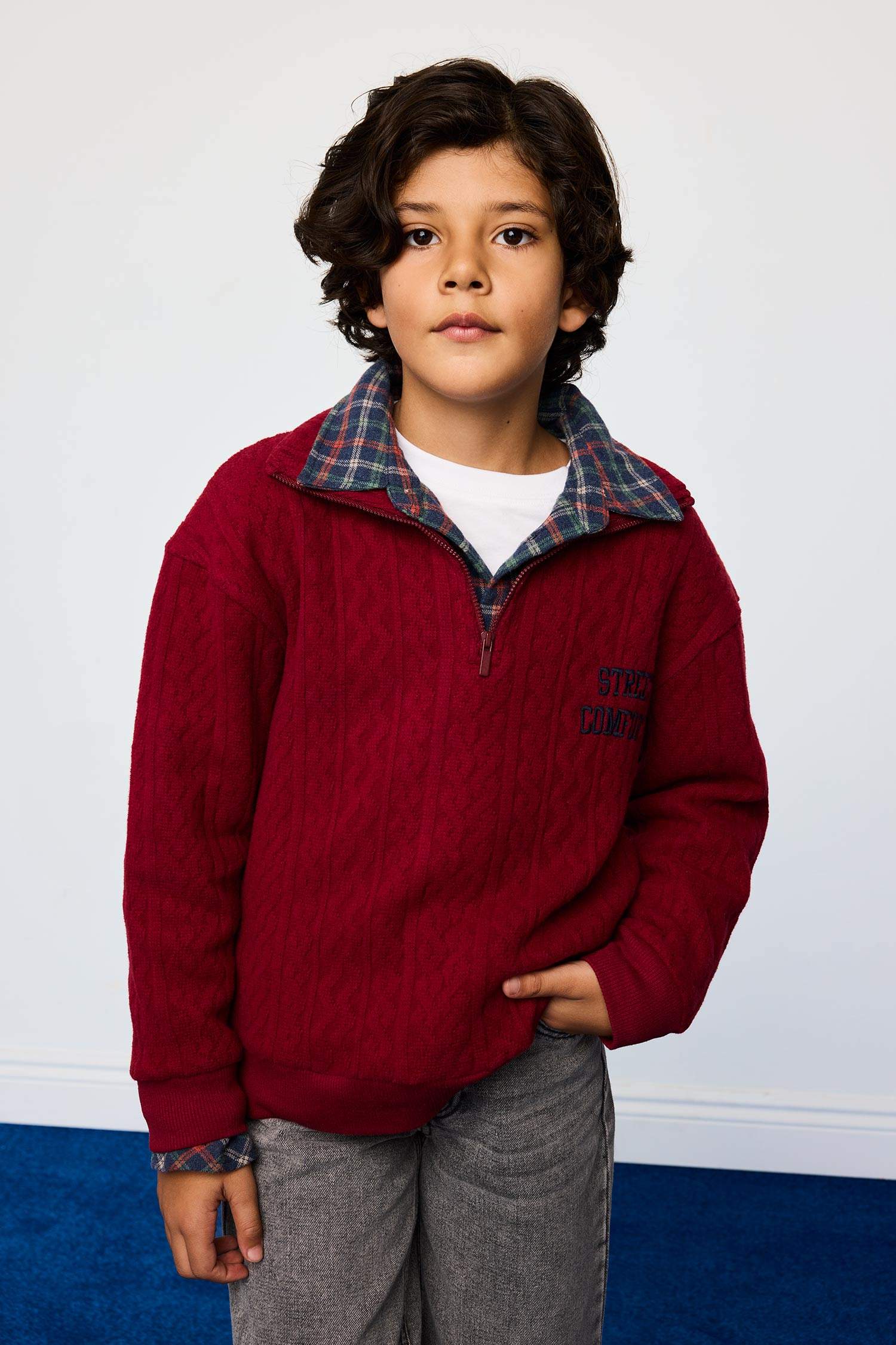 Boys Oversize Loose Fit Half-Zip Printed Jacquard Sweatshirt