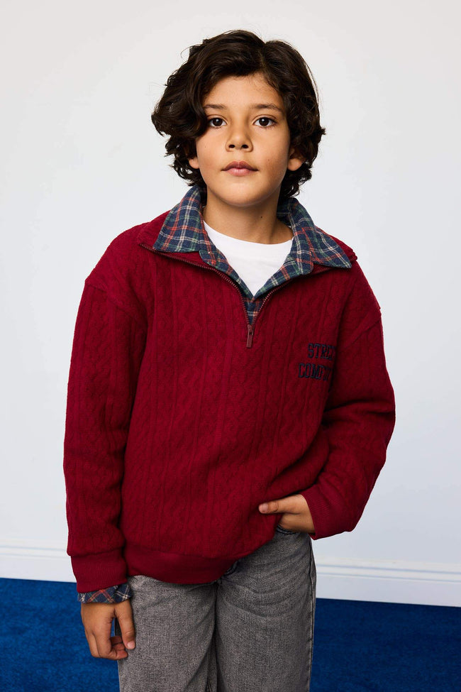 Boys Oversize Loose Fit Half-Zip Printed Jacquard Sweatshirt Hover Image