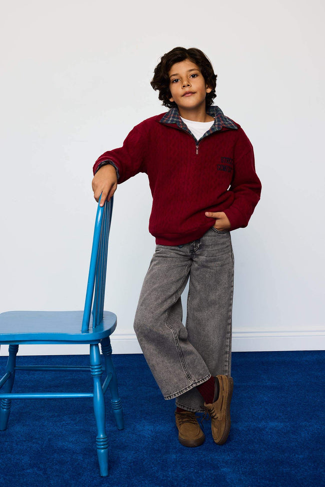 Boys Oversize Loose Fit Half-Zip Printed Jacquard Sweatshirt Main Image