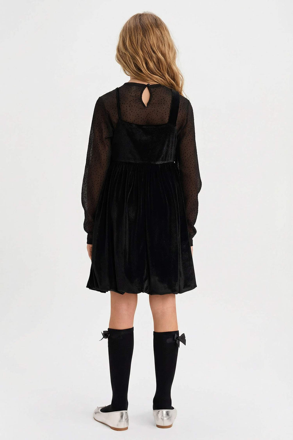 Girls Christmas Themed 2-Piece Set: Long-Sleeved Tulle Blouse and Velvet Strappy Dress