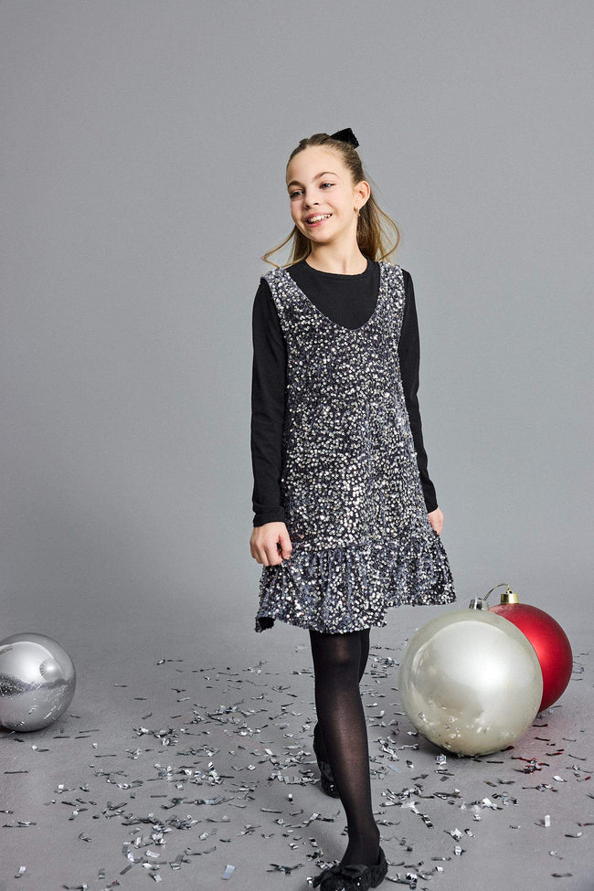Girls Christmas Themed 2-Piece Set: Long-Sleeved T-shirt and Sequined Sleeveless Dress Hover Image