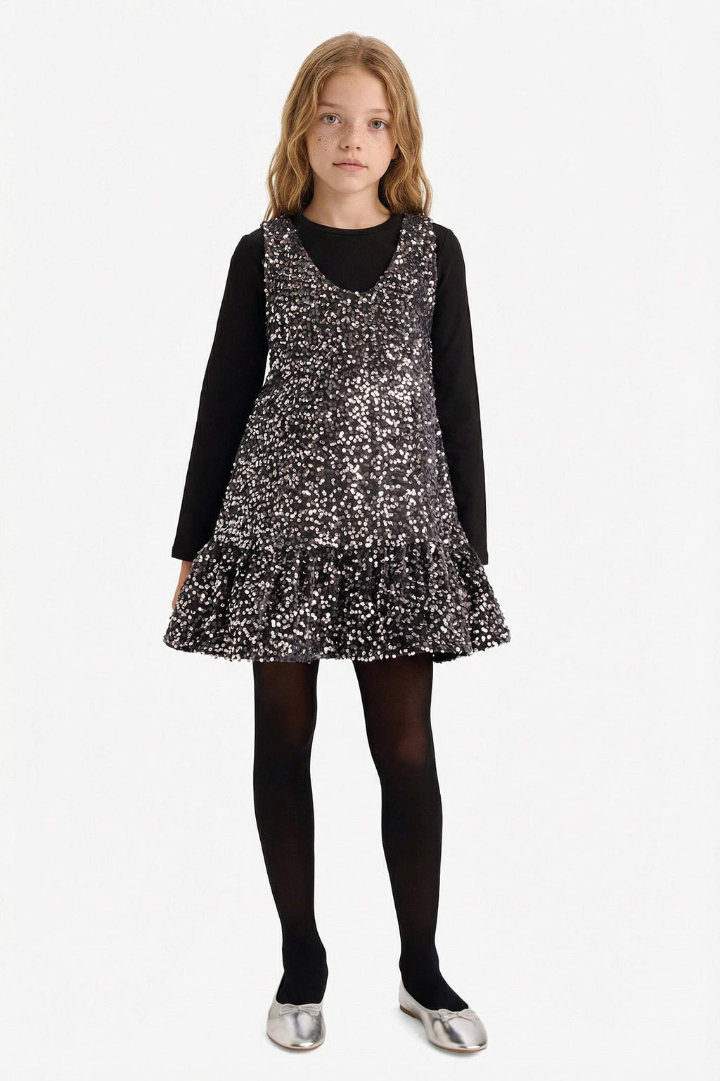 Girls Christmas Themed 2-Piece Set: Long-Sleeved T-shirt and Sequined Sleeveless Dress