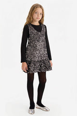 Girls Christmas Themed 2-Piece Set: Long-Sleeved T-shirt and Sequined Sleeveless Dress