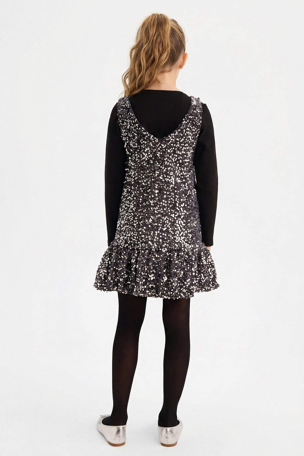 Girls Christmas Themed 2-Piece Set: Long-Sleeved T-shirt and Sequined Sleeveless Dress