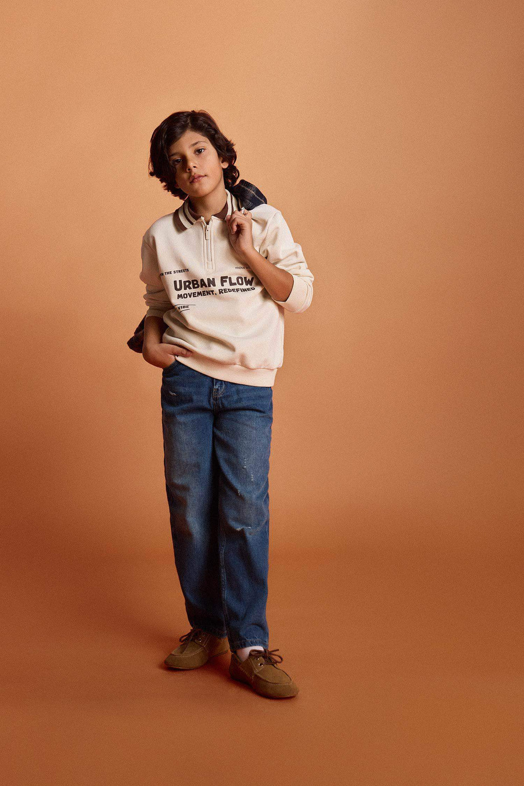 Boys Polo Collar Printed Sweatshirt with Soft Fleece Lining