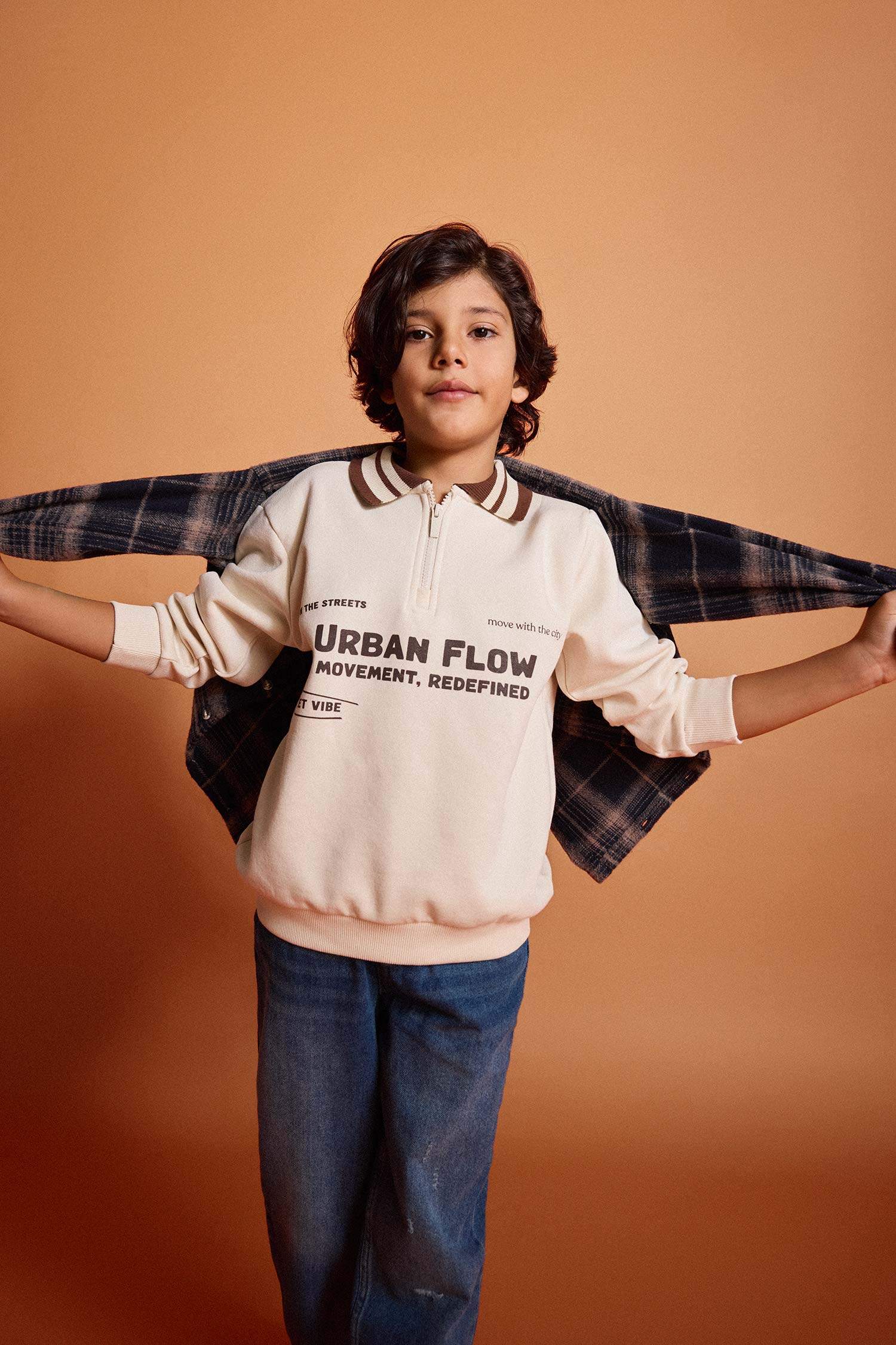 Boys Polo Collar Printed Sweatshirt with Soft Fleece Lining